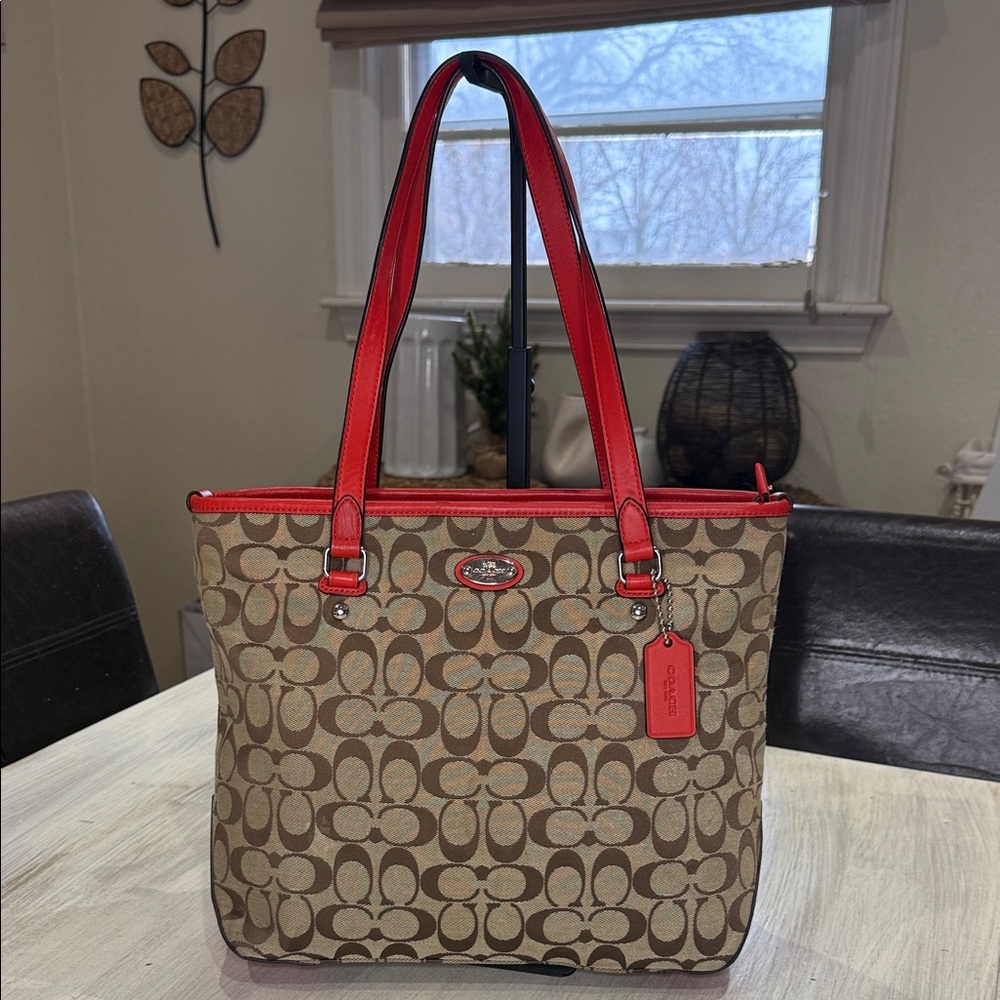 Coach Y2K Brown and Red Signature Shoulder Tote Bag-EUC